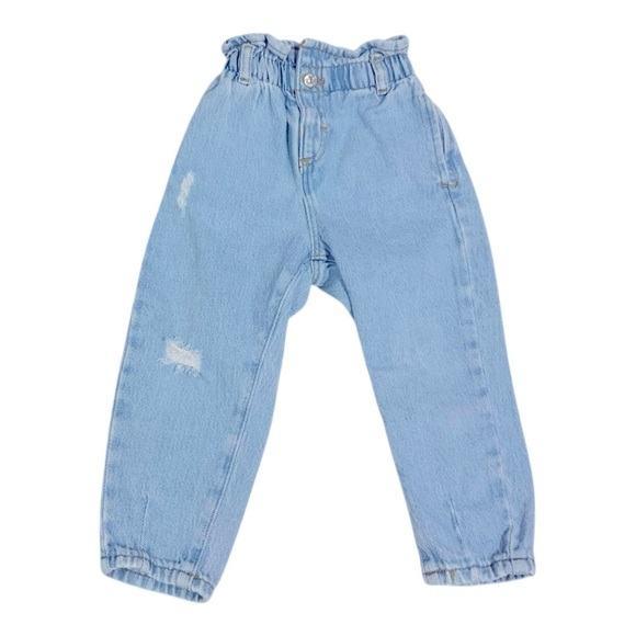064 ZARA 2-3 Year Old Girls Blue Paperbag Distressed Jeans - Picture 2 of 4